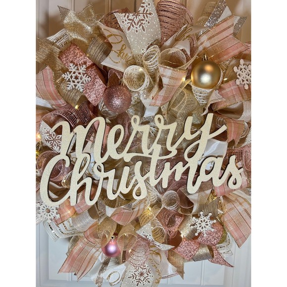 Christmas Snowflake Holiday Ribbon Door Wreath Handmade 22 ins LED W43 Gold - Picture 10 of 12